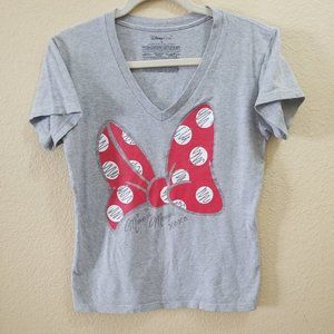 Disney Store Minnie Mouse XOXO Red Bow Sparkle V-Neck Women's Gray T-Shirt  M